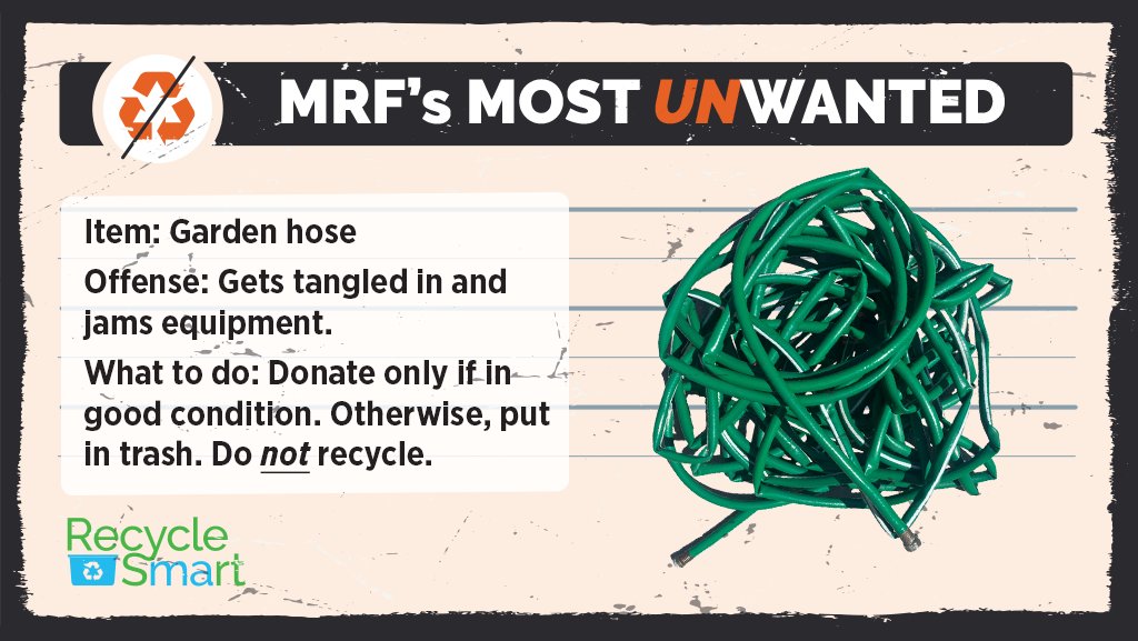 RecycleSmartMA's tweet image. Ready to retire your garden hose? Remember NOT to recycle it. Hoses and other "tanglers" can get caught in equipment at the sorting facility (MRF), leading to damage and worker injuries. Send them to the trash. 

When in doubt, search the Recyclopedia: bit.ly/3wDe4Tl