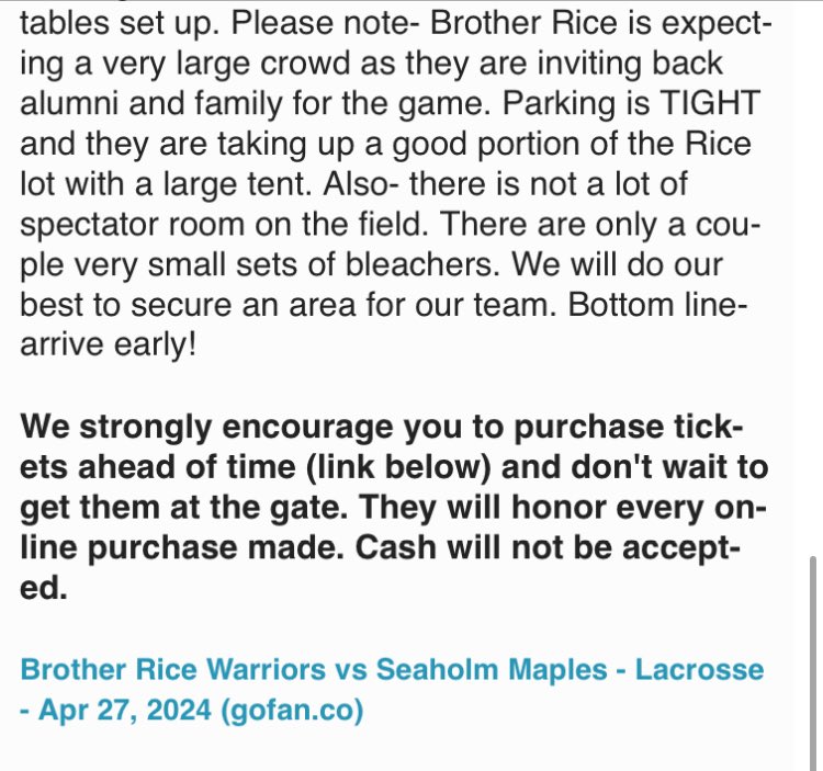 Your Birmingham boys varsity lacrosse team🥍 will play at Brother Rice sat. April 27th 4pm. Please read message below! Buy your tickets in advance!!! @TheMapleForest @GrovesAthletics