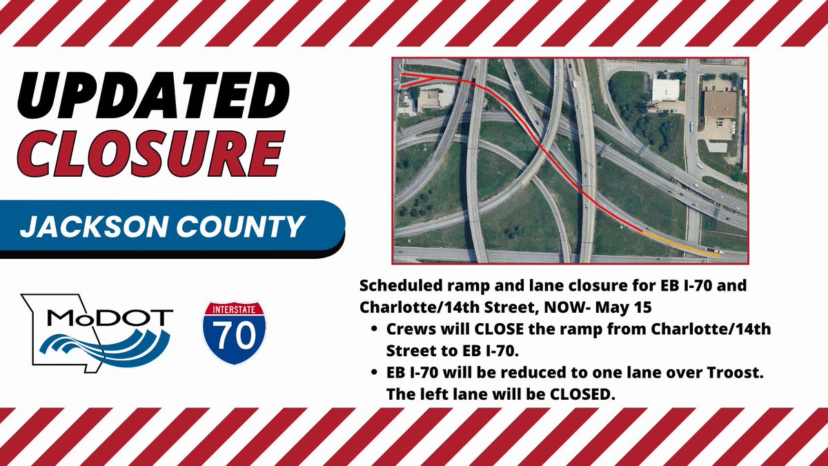 UPDATED: JACKSON COUNTY – Crews will continue bridge deck repairs on EB I-70 over Troost in the SE corner of the downtown loop, NOW - May 15. The ramp from Charlotte/14th St. to EB I-70 will be CLOSED. The left lane of EB I-70 over Troost will be CLOSED. modot.org/node/46025.