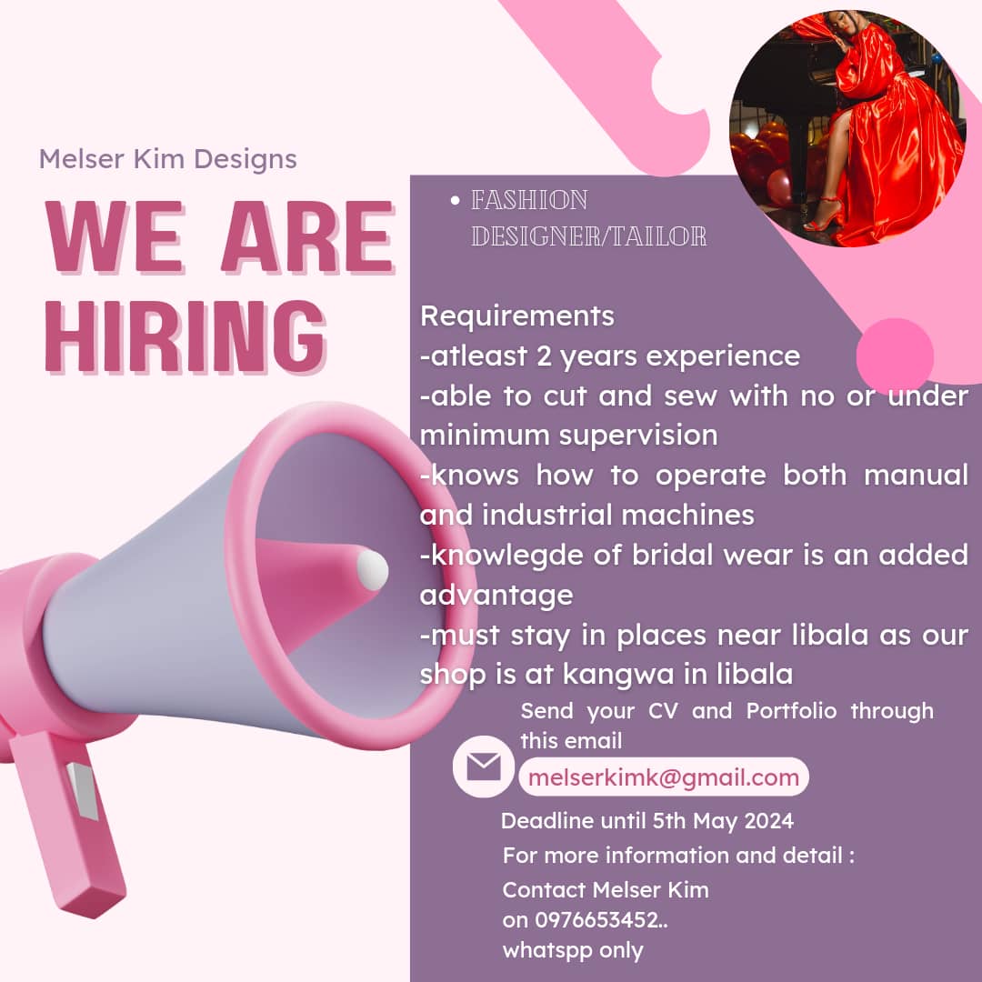 2 years or more experience - knows how to cut and sew under minimum supervision - knowledge of bridal wear is an added advantage - must stay in places near libala