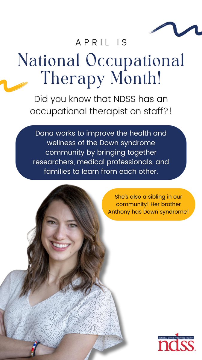 Happy #NationalOccupationalTherapyMonth! Did you know NDSS has an occupational therapist on staff?! Be sure to check out some of the FREE health and wellness resources Dana works so hard to bring us at ndss.org/resources.