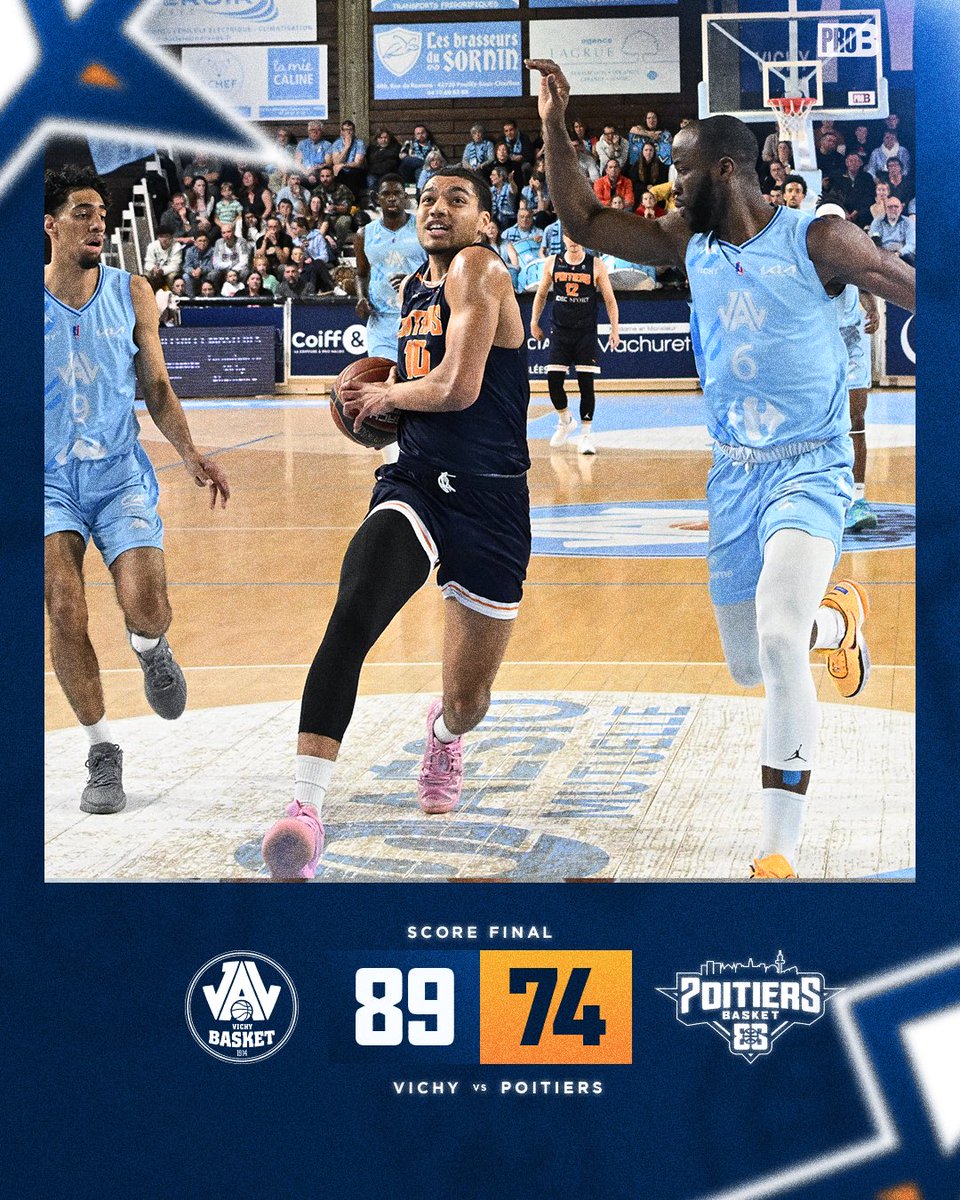 Poitiers s’incline ce soir face à Vichy à Pierre-Coulon sur le score de 89 à 74. On se retrouve à l’Arena Futuroscope vendredi prochain, face à Pau-Lacq-Orthez. Tous derrière nos joueurs pour cette fin de saison ! ✊ 🎟️ Dernières places disponibles : buff.ly/3UfKMbd