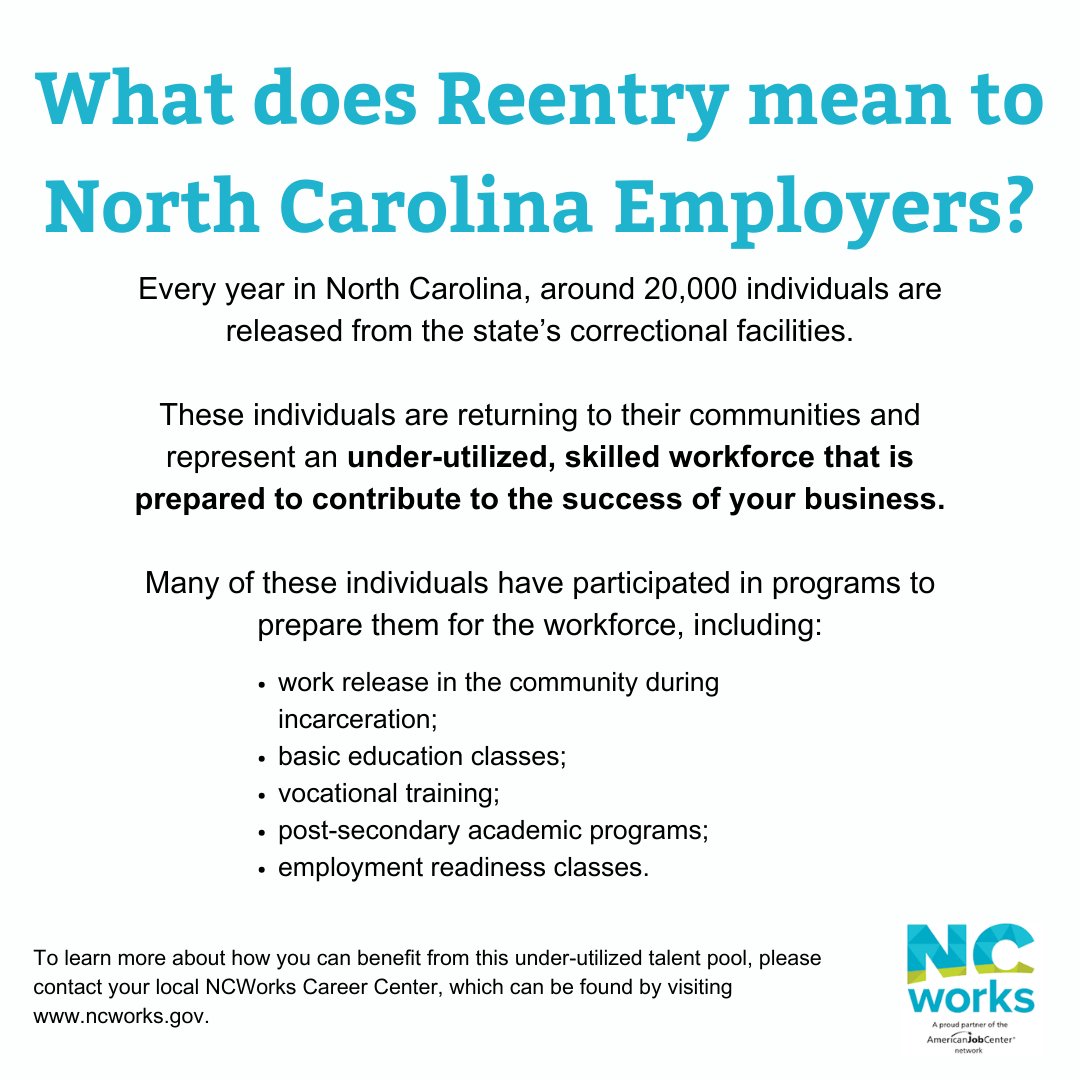 Justice-involved people are an under-utilized talent pool. Find out more about how #SecondChanceHiring, Federal Bonding & the WOTC can benefit your business at commerce.nc.gov/what-does-reen… or your local #NCWorks Career Center! #Reentry #NCSecondChanceMonth @NCCorrection