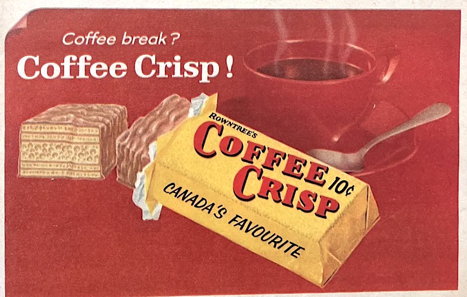 Coffee Crisp is a Toronto candy bar. A coffee-flavoured variant of a British wafer bar, Coffee Crisp was first produced in 1939 at the Rowntree Co. Ltd. factory on Sterling Rd. near Dundas W. and has never been made anywhere else in the world.