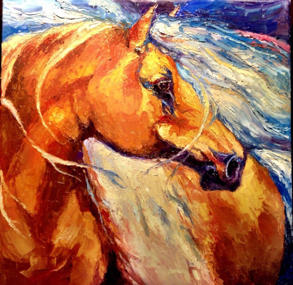 “Freedom”20x20 palette kinfe oil painting study by Peggy Ann Thompson #art #artwork #ArtistOnTwitter #artist #painting #fineart #horses #impressionism #oilpainting peggyannthompson.net