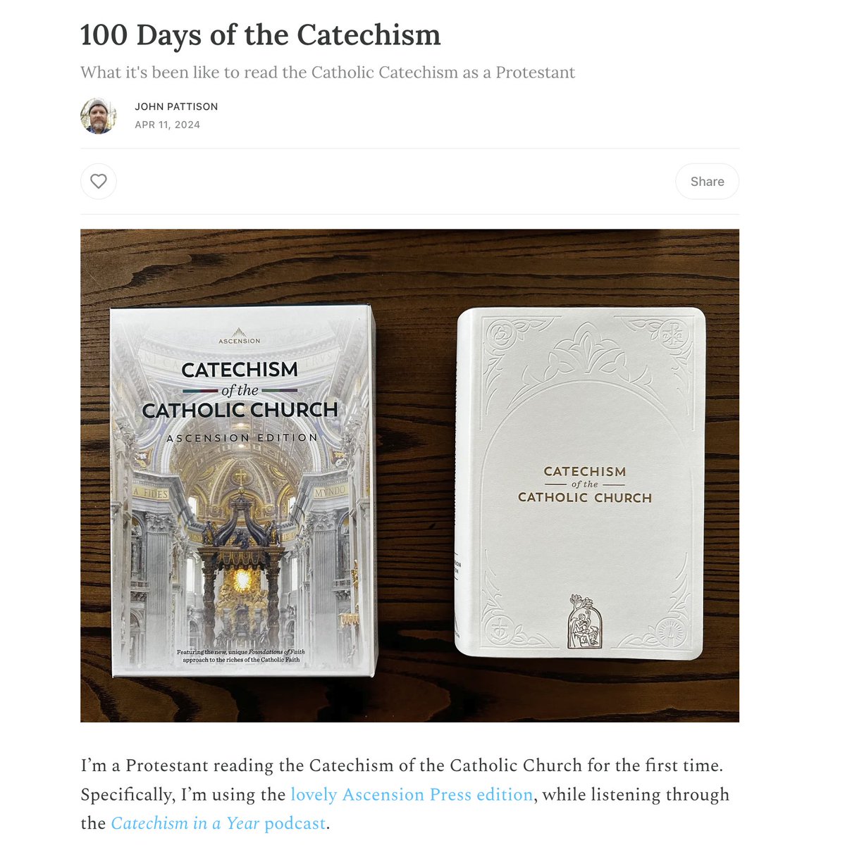 ✍️ 'I’m a Protestant reading the CCC for the first time... the Catechism is a gift to the whole Church.' -@johnepattison Pray for us John, we're praying for you! 🙏 johnepattison.substack.com/p/100-days-of-…