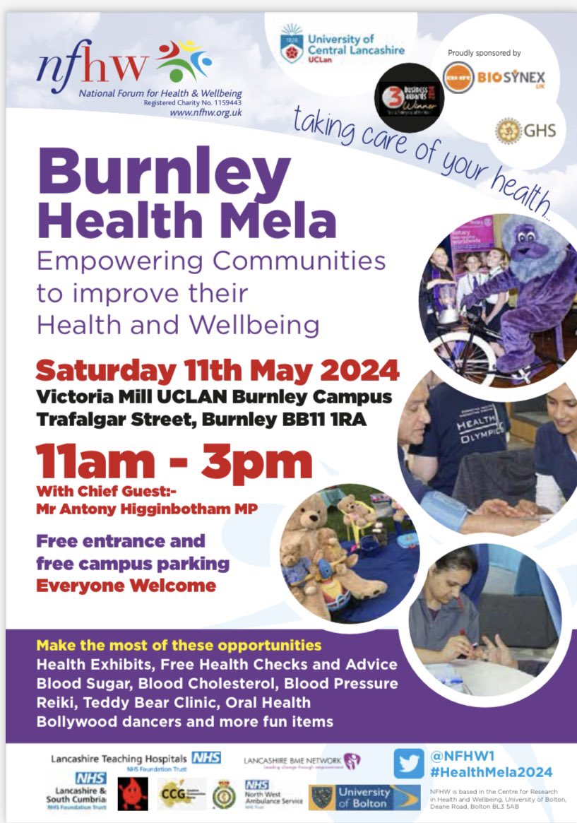 Looking to improve your health and wellbeing? Join us at the Burnley Health Mela on Saturday, 11th May 2024, from 11 am to 3 pm at the Victoria Mill UCLAN Burnley Campus on Trafalgar Street, Burnley BB11 1RA.

#HealthMela2024 #Burnley @uclan  @burnleysocial @burnleycouncil
