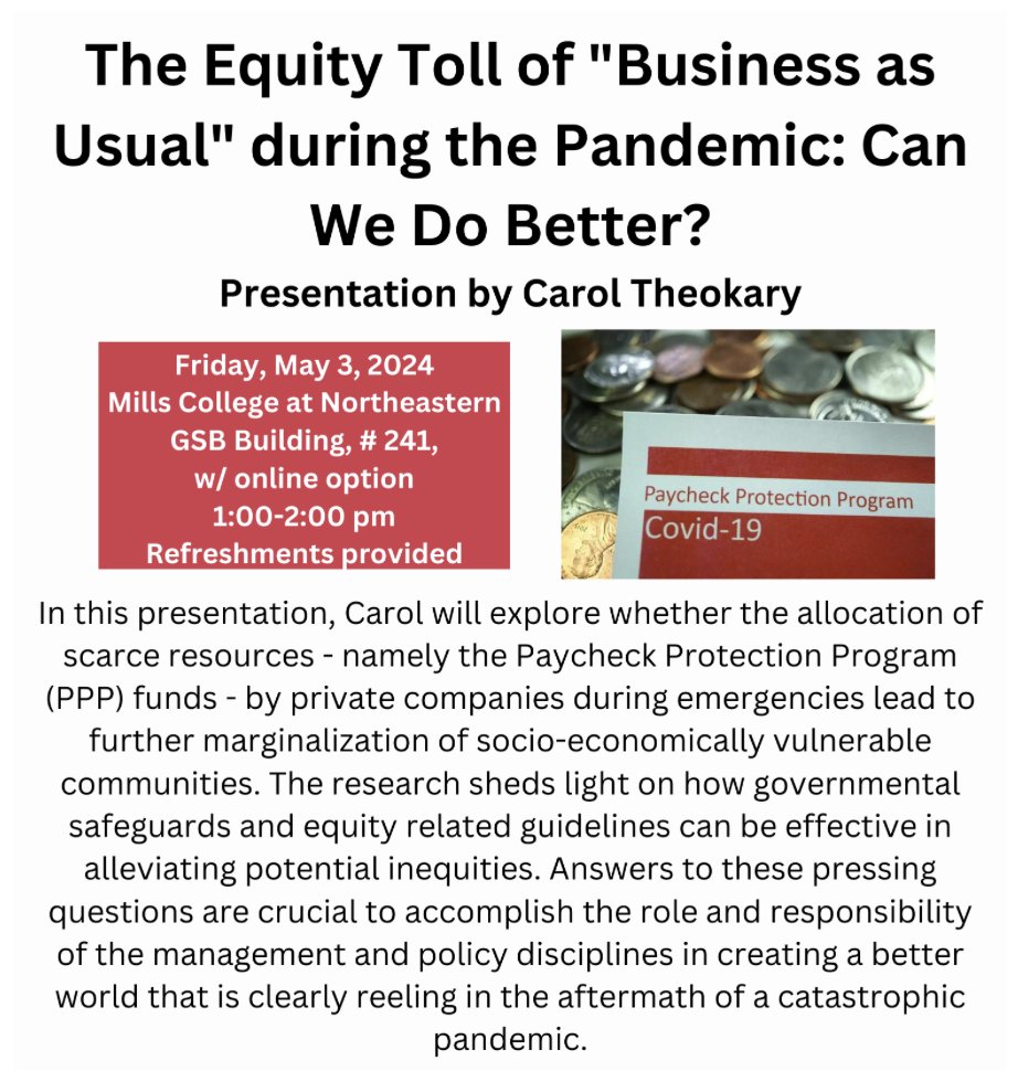 Dive into the equity toll of pandemic response with Carol Theokary! Join the workshop at Mills College, Northeastern GSB Building #241 on Friday May 3, 1:00-2:00 pm. Click the link below to register! #EconomicEquity #PPP #Community #CovidResponse 

forms.office.com/pages/response…