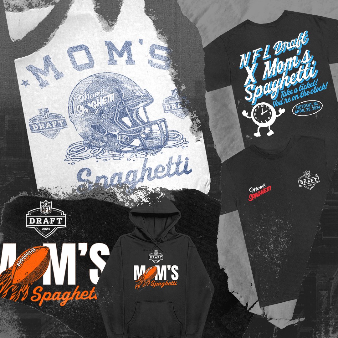 Mom's Spaghetti X NFL Draft merch available in limited quantities! 🏈🍝 Swing by #TheTrailer upstairs at #MomsSpaghetti - open today and tomorrow from 11am-11pm! 2131 Woodward Ave. #Detroit #NFLDraft