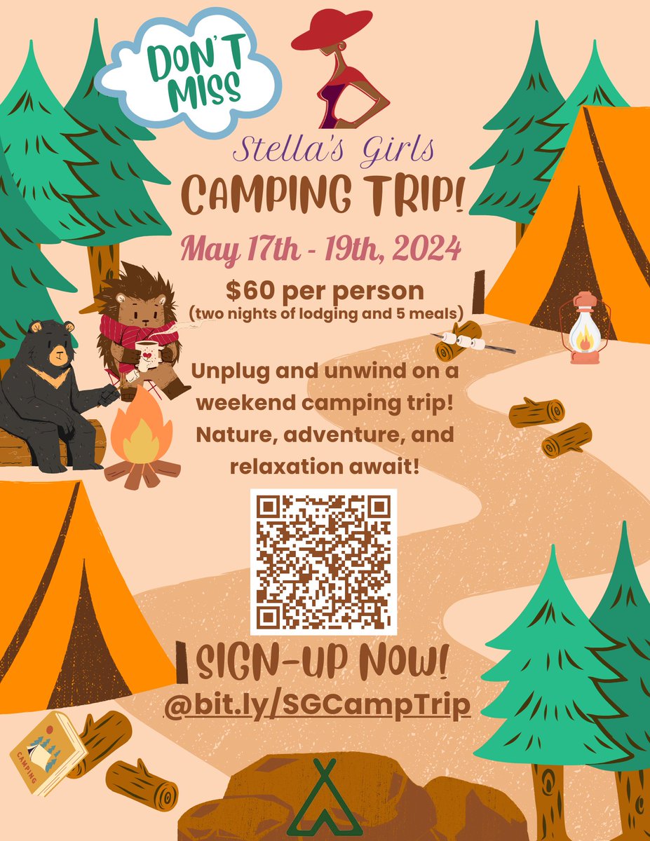 🏕️🌌 May 17-19, #StellasGirls are hittin' the great outdoors! Join us for a weekend getaway! Adventure, starry skies, and cozy campfire moments await! Don't miss out, sign up now! #StellasGirlsCamp Learn More & Sign up @ bit.ly/SGCampTrip!