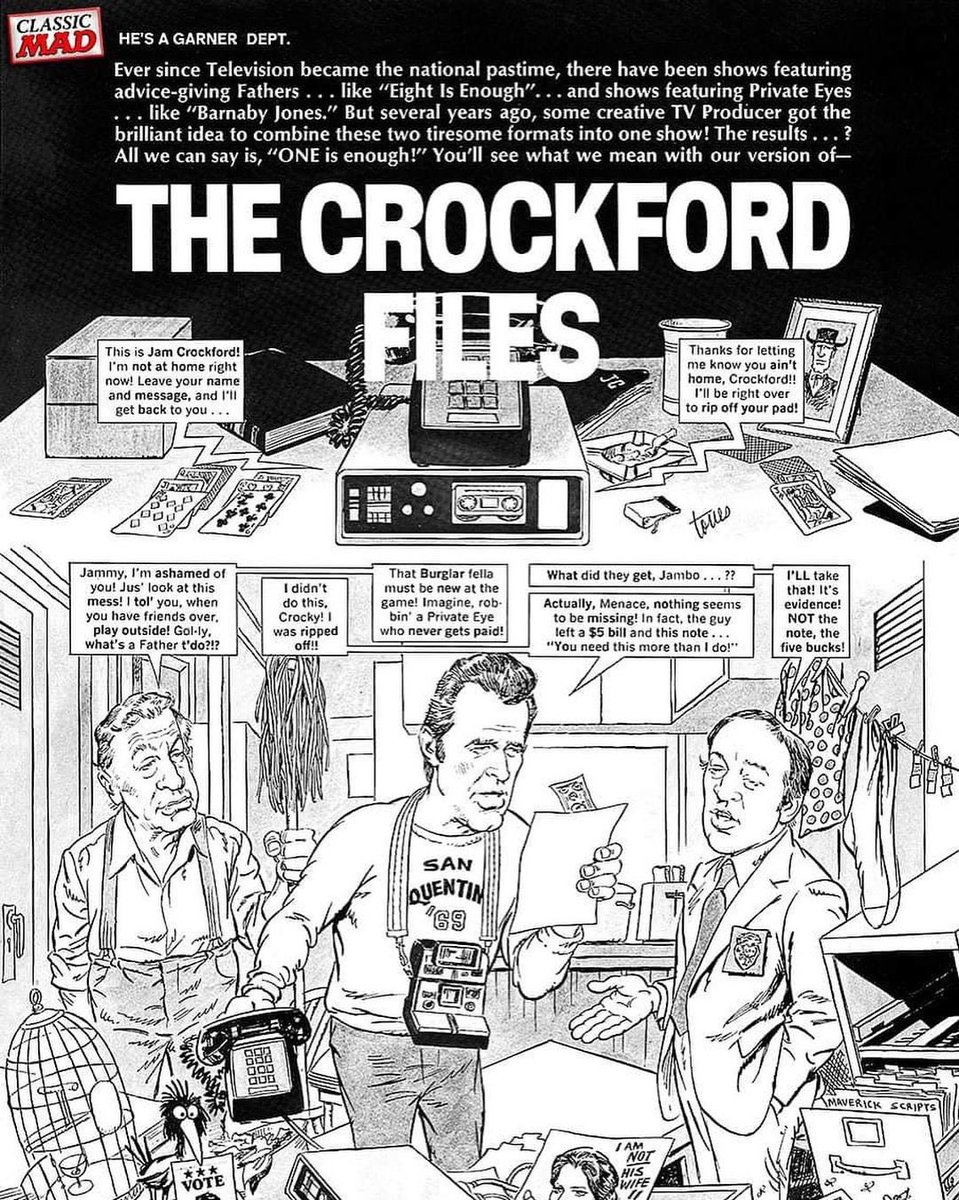 Who remembers the amazing parodies that graced the pages of Mad magazine?

From MAD #217, September 1980
Writer: Lou Silverstone
Artist: Angelo Torres

#70sTVDetectives #MadMagazine #TheCrockfordFiles