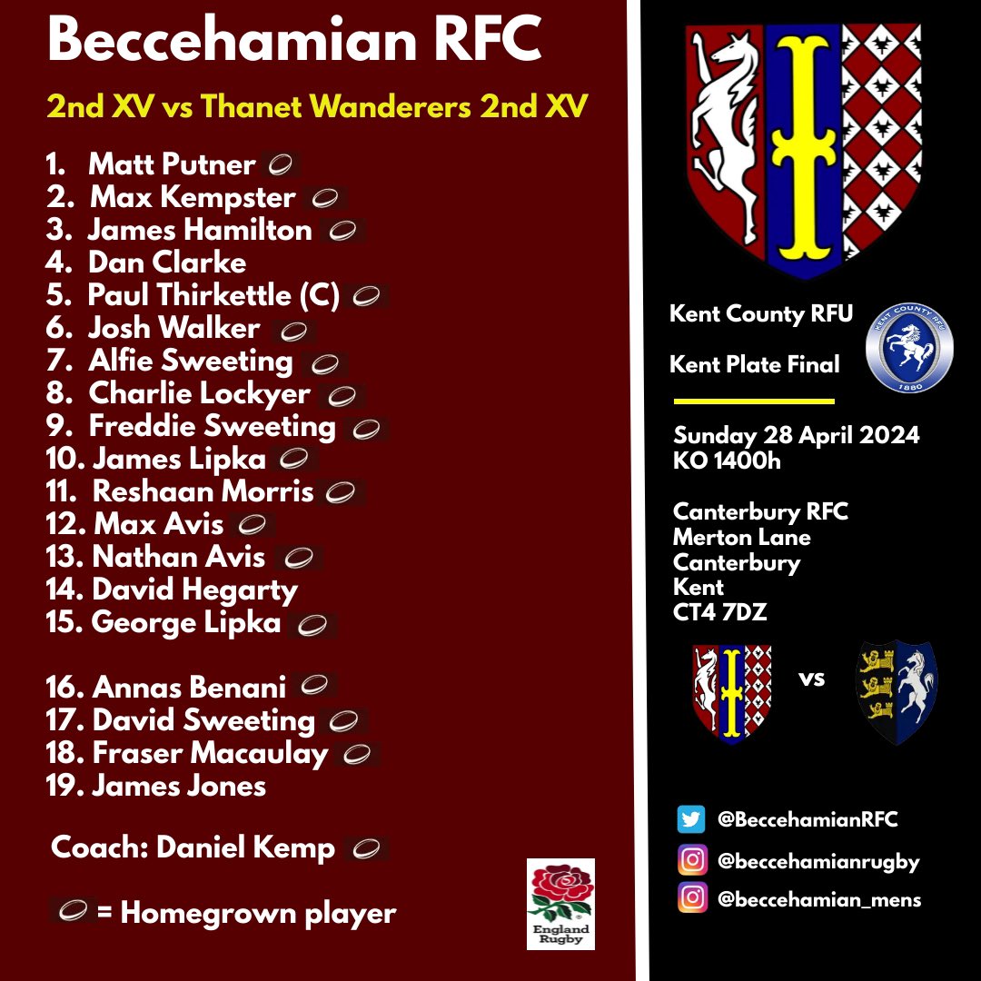 🏉 @BeccehamianRFC 2nd TEAM NEWS 🏉 for the @KentRugby Plate Final on Sunday 28 April 
#beccsrugby #comeonyoubeccs #beccehamianrfc