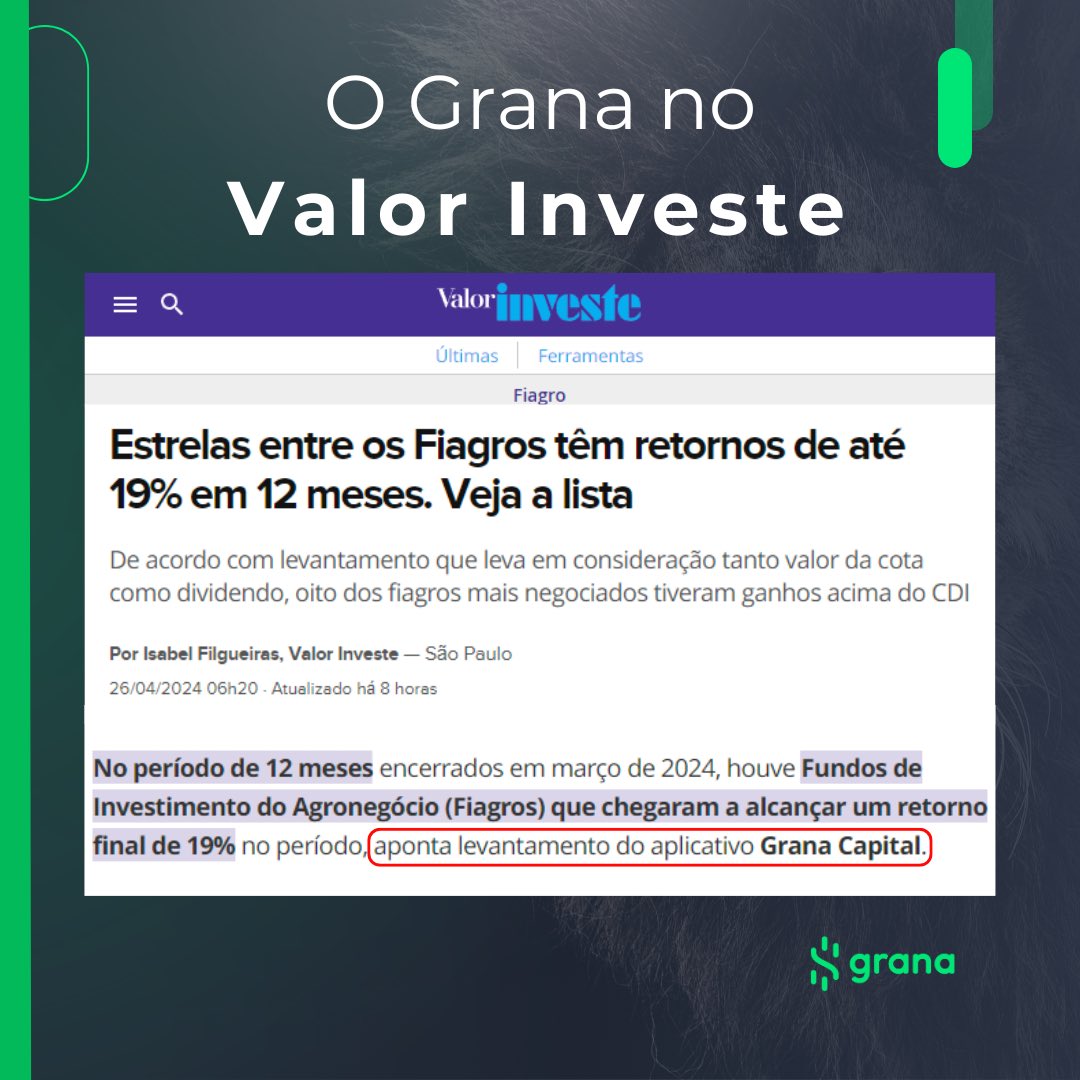 Investe em #Fiagro?
Confira o levantamento que o Grana fez dos maiores retornos em 12 meses, em matéria ao @valorinveste
@GranaCapital #mercadofinanceiro #bolsadevalores #investidor #investidores