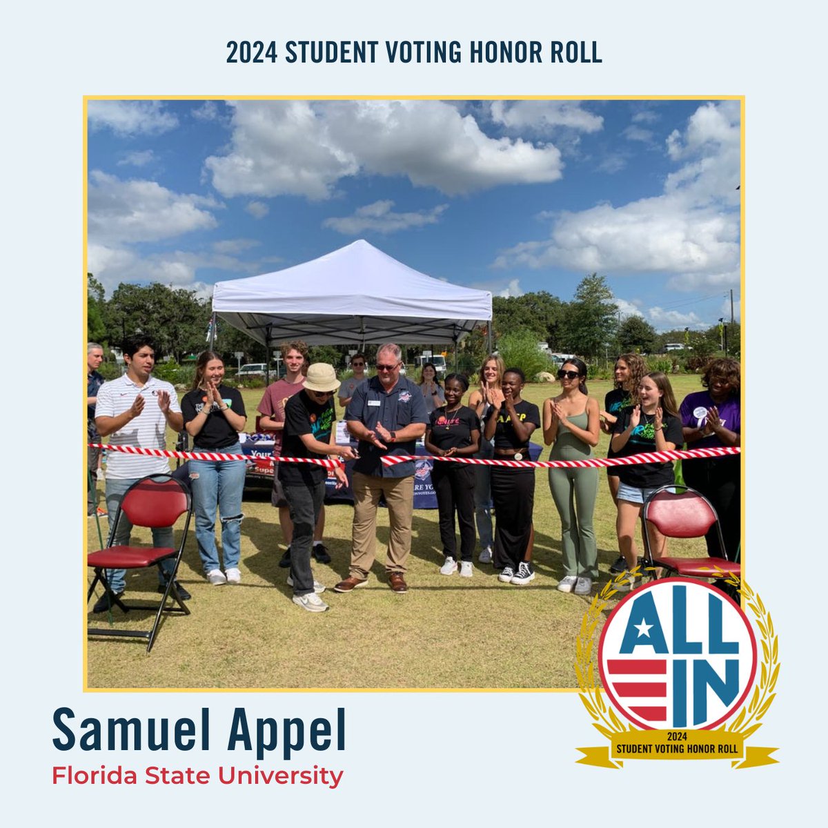 TheCenterFSU (@thecenterfsu) on Twitter photo Congrats to Samuel Appel for being named to the 2024 Student Voting Honor Roll by <a href="/allintovote/">ALL IN Campus Democracy Challenge</a>! Sam is 1 of 137 students recognized nationwide for their outstanding work to advance nonpartisan democratic engagement. Read more ➡️ thecenter.fsu.edu/article/fsu-st… Congrats to Samuel Appel for being named to the 2024 Student Voting Honor Roll by <a href="/allintovote/">ALL IN Campus Democracy Challenge</a>! Sam is 1 of 137 students recognized nationwide for their outstanding work to advance nonpartisan democratic engagement. Read more ➡️ thecenter.fsu.edu/article/fsu-st…