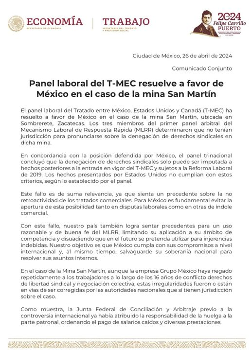 El pánel de arbitraje del #TMEC Tratado de Libre Comercio entre #EU #México y #Canadá se declara incompetente sobre el caso de la Mina de #Sombrerete #Zacatecas. Los acuerdos del TMEC no son retroactivos, pero se aplica la ley en favor de los obreros, en este caso, informan la…