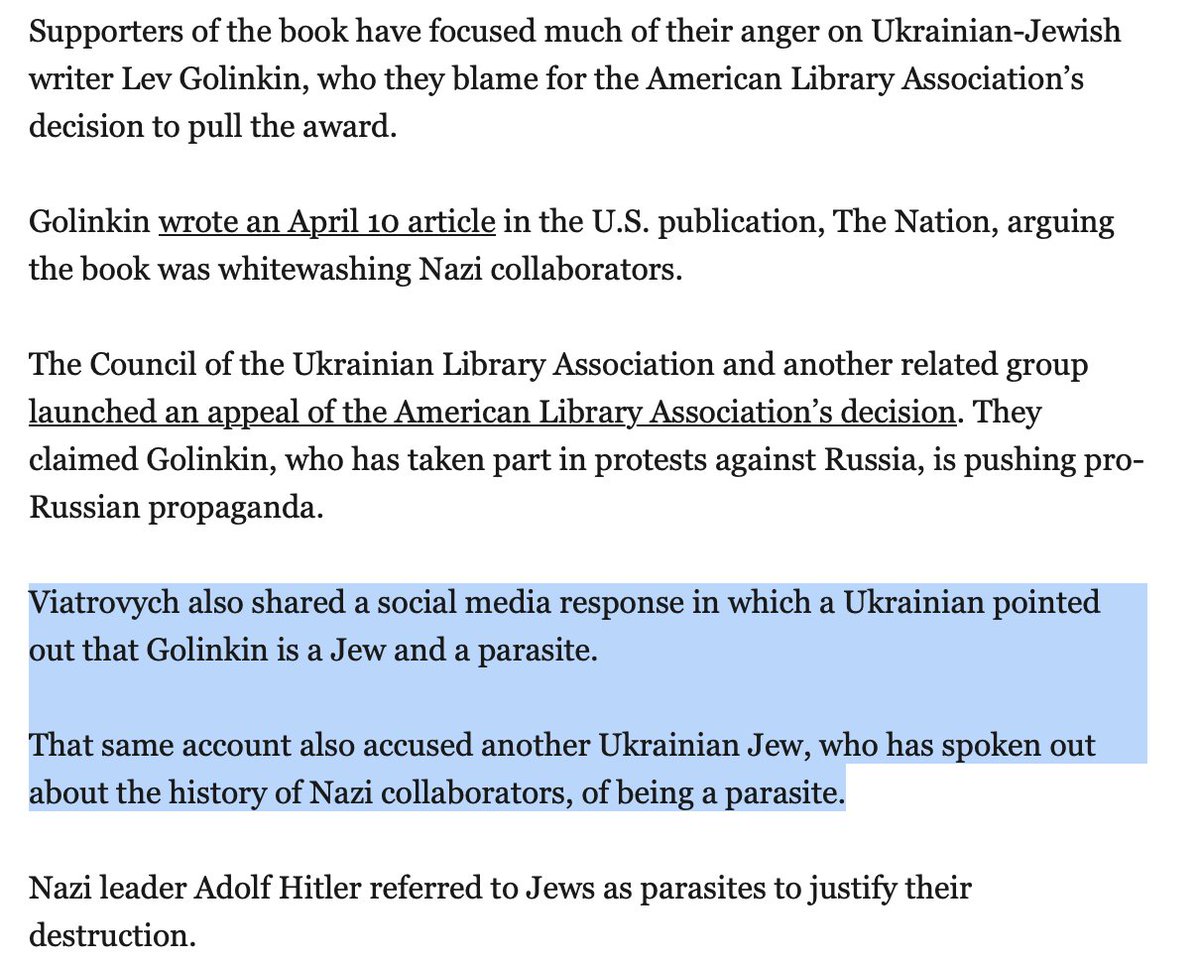 Ukrainian parliamentarian and former director of the government's Ukrainian Institute of National Memory responded to article in @thenation calling out his Nazi whitewashing by <checks notes> calling the Jewish reporter a Jewish 'parasite'.