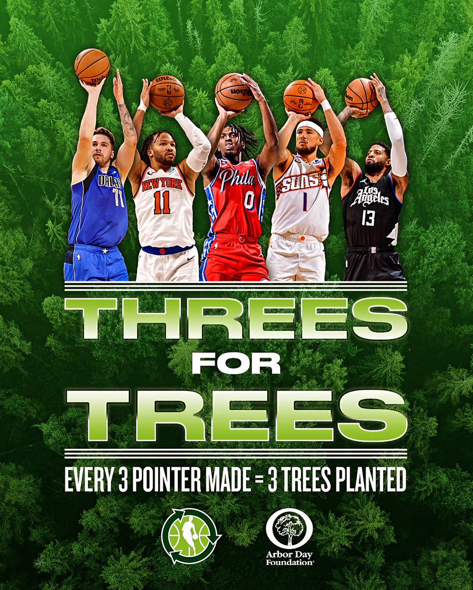 In celebration of #ArborDay 🌳, the @NBA & the @arborday are partnering to plant three trees for every three-pointer made today to go towards wildfire recovery efforts. Post on X using #NBAGreen to plant three additional trees, helping us create a cleaner and cooler future. 🌎 💚