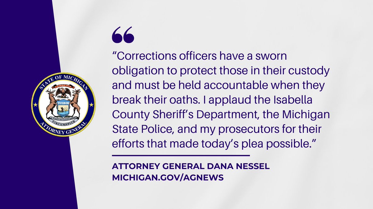 Today, former corrections officer Christopher Cluley of Mount Pleasant, pled to one count each of Aggravated Assault and Willful Neglect of Duty, for the in-custody jailhouse assault of an Isabella County man, announced @MIAttyGen @dananessel. Read more➡️ michigan.gov/ag/news/press-…