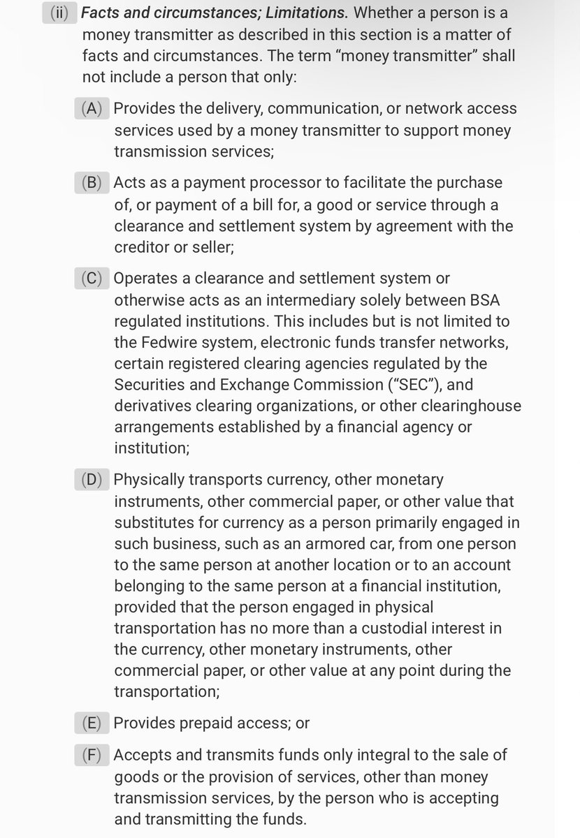 Any US lawyers here? I think this section makes it very clear that services like @OpagoPay @PhoenixWallet @zeus etc are not money transmitters. Or am I missing something?