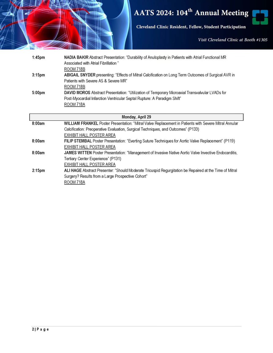 Check out these presentations at #AATS2024 by our trainees! <a href="/CleClinicHVTI/">Cleveland Clinic Heart, Vascular & Thoracic</a> <a href="/ThoracicStudent/">TSMA</a> <a href="/TSRA_official/">TSRA</a> <a href="/AATSHQ/">AATS</a> <a href="/AATSED/">AATS ED</a>