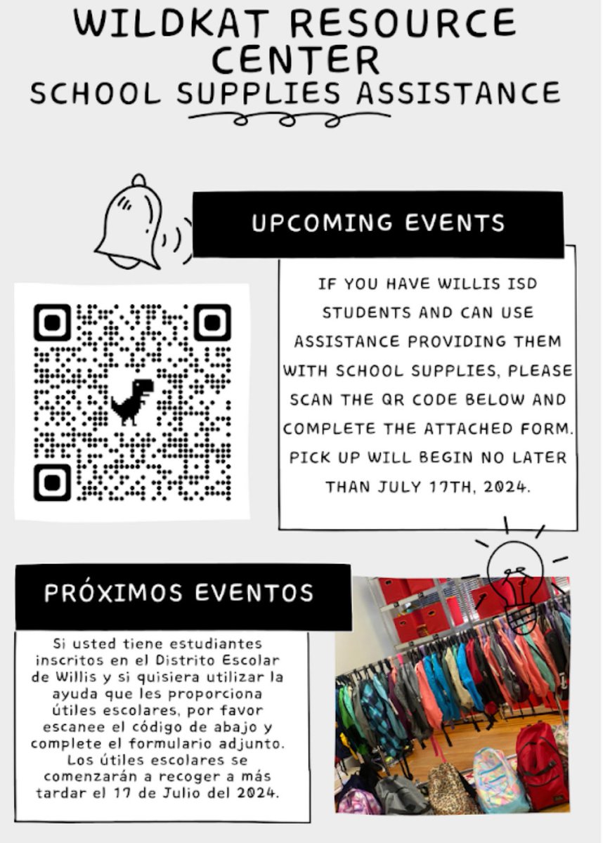 If you have a Willis ISD student and use assistance with school supplies, please scan the QR code below and complete the attached form. If you have any questions, please reach out to Mrs. King or Mrs. Wilson. @kella_price @WillisSchools @locke_kel @WildkatResource