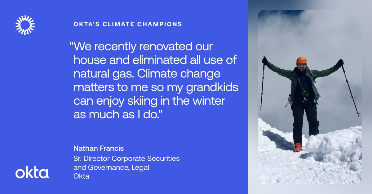 We're wrapping up Earth Week with our final climate champion - Nathan Francis! 🗻❄️ Not only does Nathan play a key role in climate action at Okta, but he's made his home eco-friendly too. Learn more about Okta's commitment, this week and beyond: bit.ly/49783lK