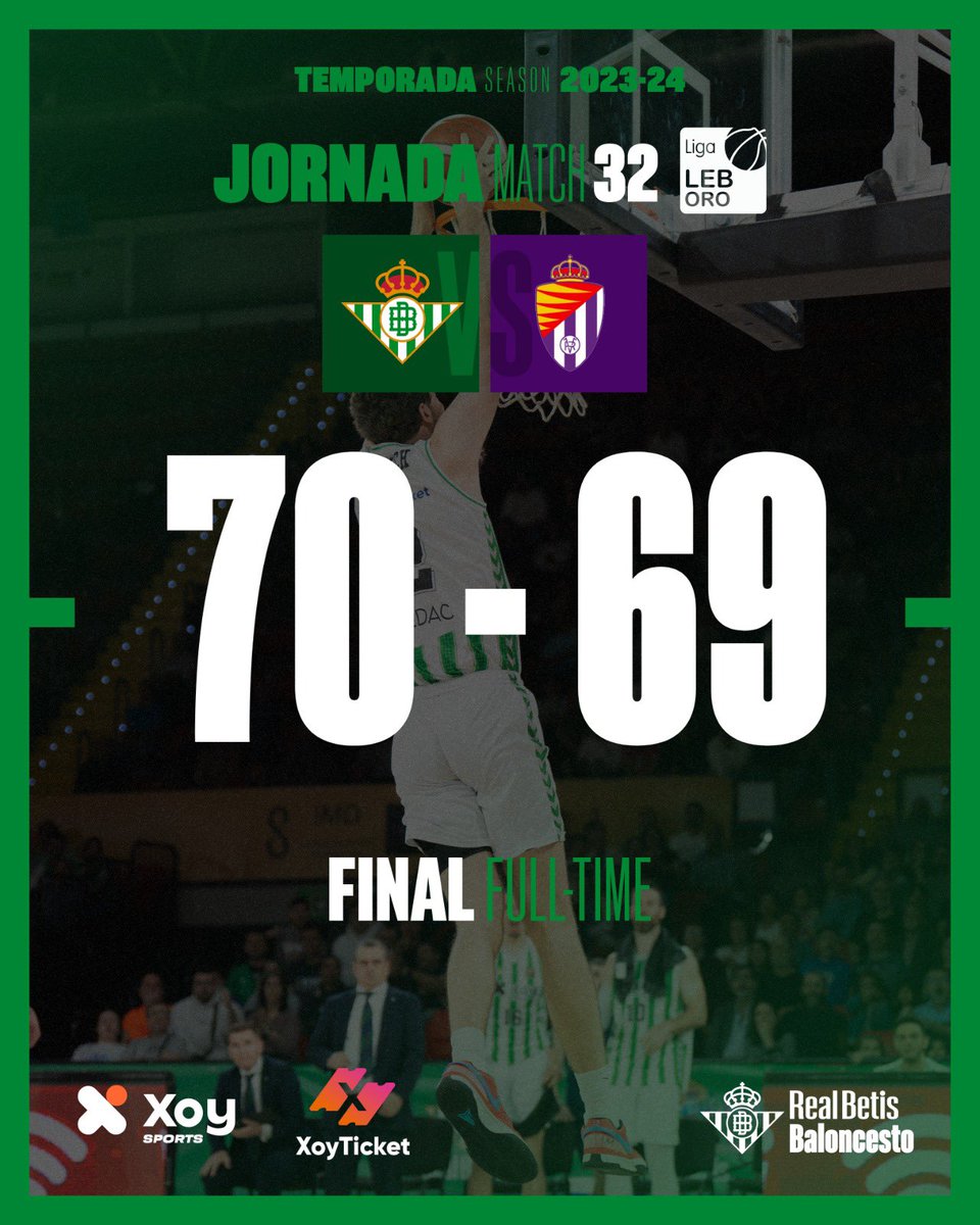 🔥 ¡VIBRANTEEEE VICTORIA VERDIBLANCA! ¡Familia, nos quedamos con el triunfo en casa! 🤩💚 🏆 #LebOro (Jornada 32) ⏱️4Q - 00:00 @RealBetisBasket 70 @RVBaloncesto 69 #RealBetisBaloncestoValladolid #SeClavaEnElCorazón #BetisBaloncesto