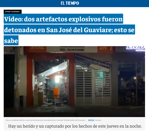 Anoche dos artefactos explosivos fueron detonados en contra de establecimientos comerciales en San José del Guaviare con el fin de intimidar a la comunidad. Las personas tienen miedo y están exigiendo a gritos seguridad. Señor @mindefensa, le solicito actuar en defensa de la…