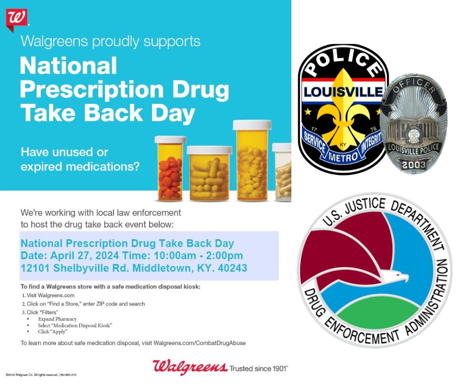 We hope to see you out on Saturday 4-27-24 for the #NationalPrescriptionDrugTakeBackDay. We have teamed up with @dealouisville @Walgreens to help collect old prescriptions you might be needing to get rid of. We will be at 12101 Shelbyville Rd from 10am to 2pm. Come see us. #LMPD