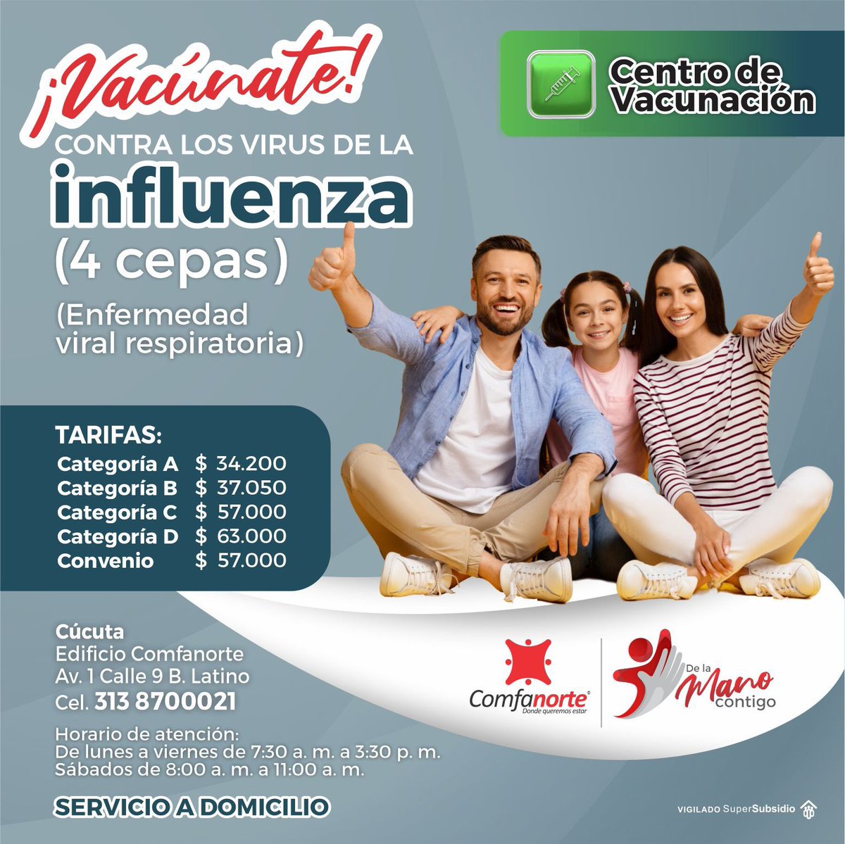 #Vacunación | Protegernos de los cambios de clima y los virus es nuestro deber. 

Adquiere ahora la Vaxigrip Tetra, vacuna contra la influenza 4 cepas.

Te invitamos para que programes tu cita a la línea telefónica 3138700021

Cuidamos tu salud porque estamos #DeLaManoContigo 🤝🏻