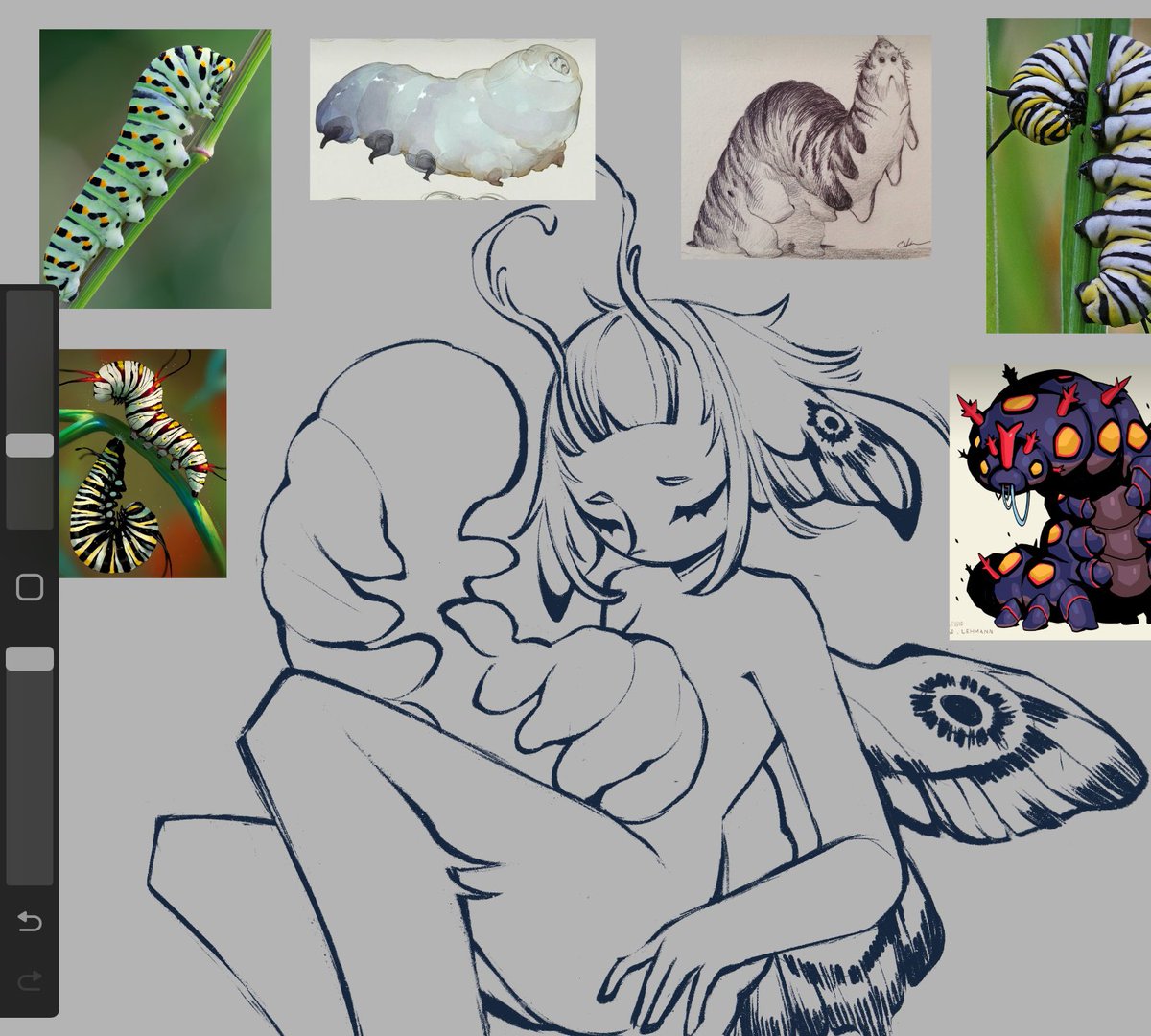 Struggling so hard to draw a caterpillar that I have to use 6 references simultaneously🫡