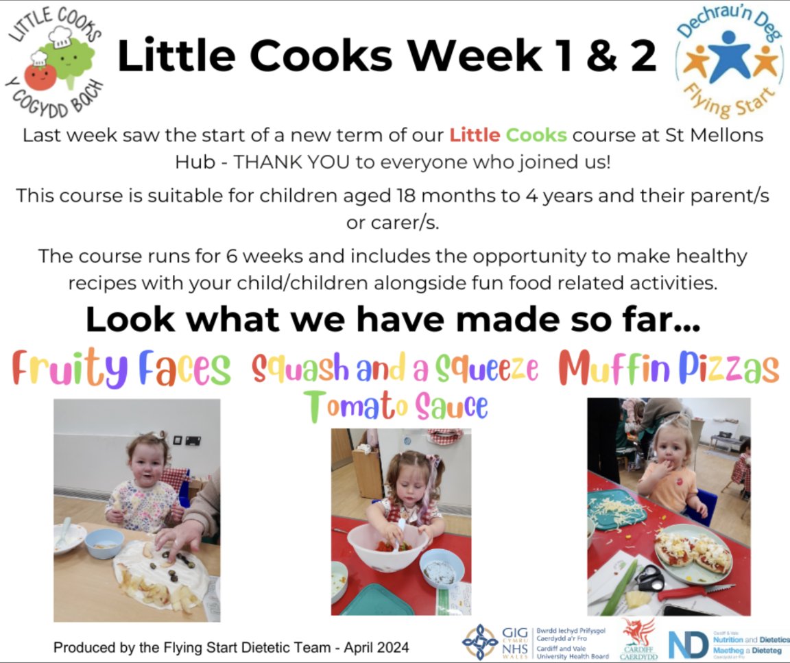 If you have young children and are looking for ideas of healthy foods to cook, come along to one of our Little Cooks🍅🥦, for more information contact the Flying Start team 02920 839168 or FSGetCooking@cardiff.gov.uk 🌟