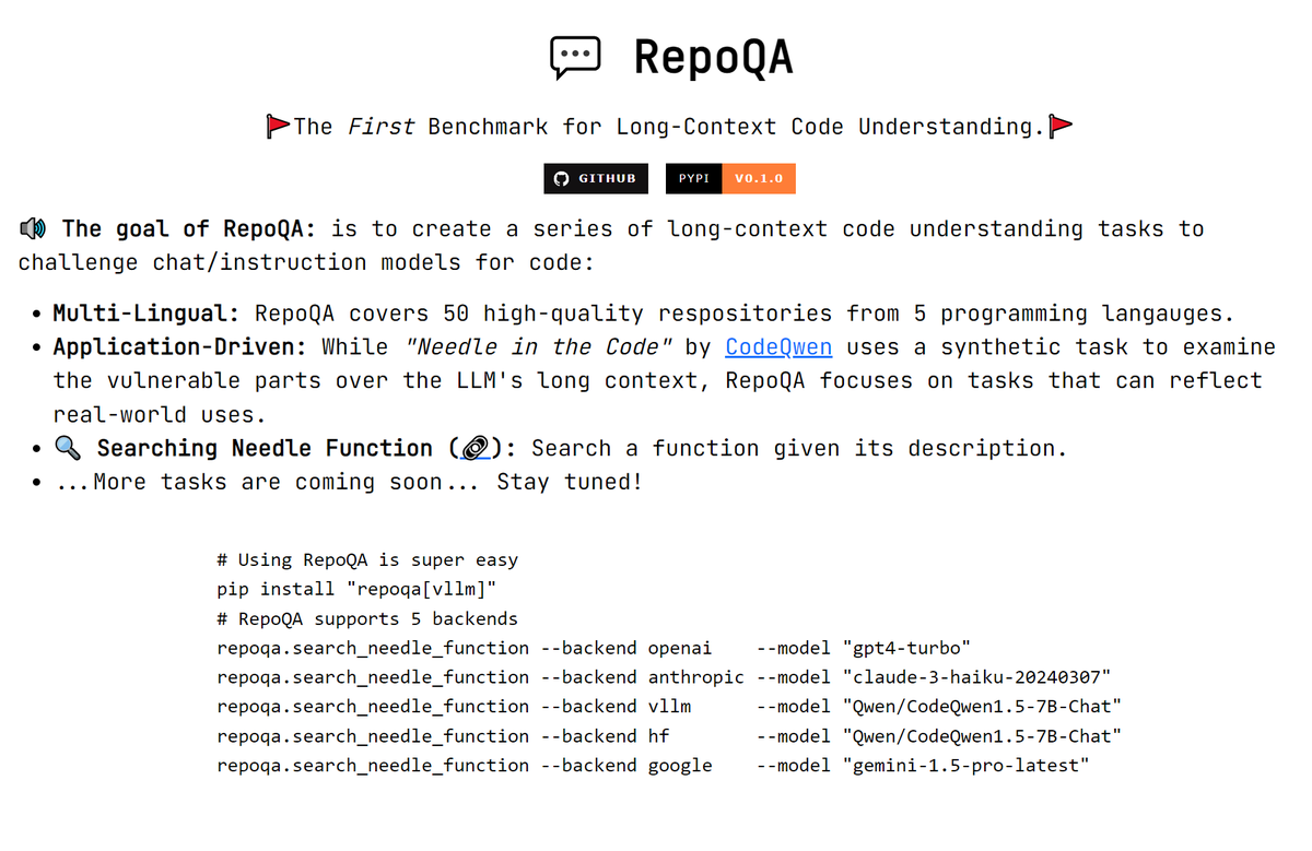 Introducing RepoQA for evaluating LLMs’ repository understanding! 🌐 Leaderboard of 25+ models: evalplus.github.io/repoqa.html ⚙️ GitHub: github.com/evalplus/repoqa 🎨 Supporting 5 programming languages (more coming soon) 🚀 Evals openai/vllm/anthropic/HF/gemini models in one command! 🧵