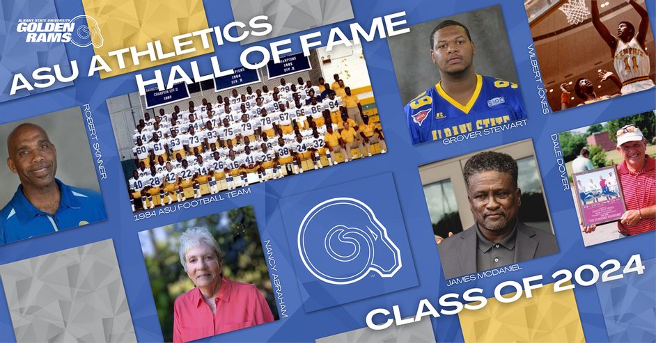 #AlbanyState Athletics announces its ASU Hall of Fame Class of 2024 with Wilbert Jones, James Bruce McDaniel, and Grover Stewart, the 1984 championship football team, coaches Robert Skinner and Dale Dover, and administrator Nancy Abraham. bit.ly/4bdBDqB