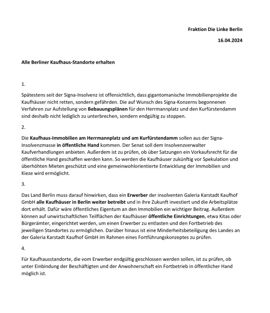 #GaleriaKarstadtKaufhof will drei Kaufhäuser in Berlin schließen. Der Senat muss eingreifen. Der Vorschlag der ⁦<a href="/LinksfraktionB/">Linksfraktion Berlin</a>⁩ liegt auf dem Tisch: Standorte erhalten - Signaimmobilien in öffentliche Hand - öffentliche Einrichtungen auf unwirtschaftliche Teilflächen