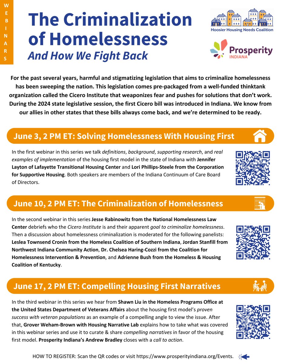 Keep the momentum of the #HousingFirst Week of Action going by registering for @ProsperityInd & @HoosierHousing's series 'The Criminalization of Homelessness And How We Fight Back' with local, state, & national partners coming this June! RSVP here: prosperityindiana.org/events