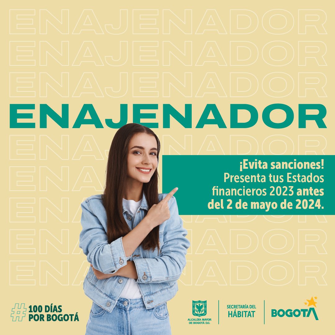 ¿Eres enajenador y estás registrad@ ante la Secretaría Distrital del Hábitat? Recuerda que tienes plazo hasta el 2 de mayo para presentar los estados financieros del 2023. 📋 Evita sanciones y #PresentaTusInformes a tiempo. 👀 Hazlo acá: vuc.habitatbogota.gov.co