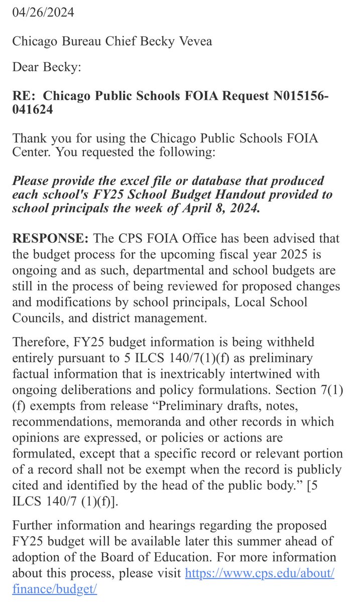 For anyone following CPS school budgets, my open records request for what was provided to principals was denied (as suspected). LSCs have until May 3 (next Friday) to vote on them and send back to budget office.
