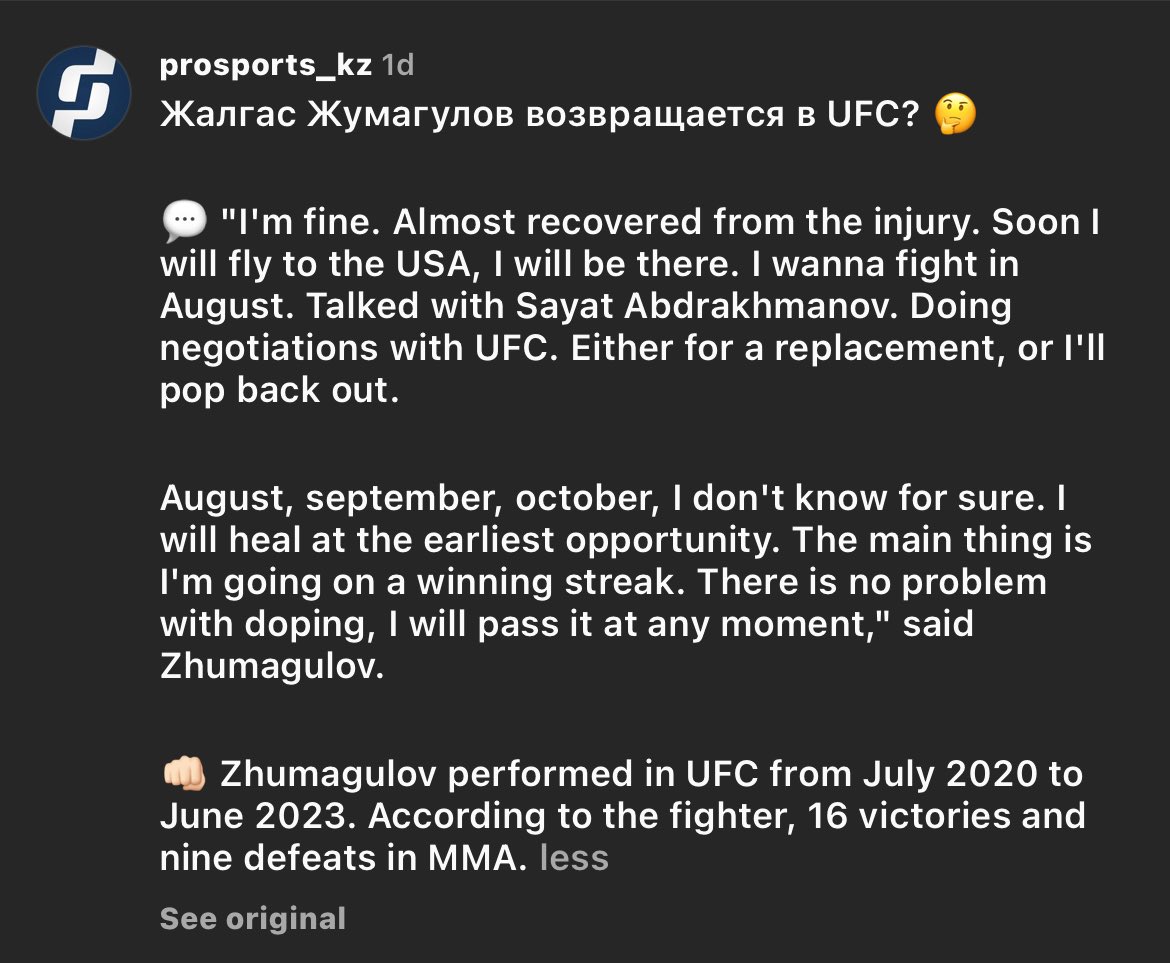 According to prosports_kz on IG

Zhalgas Zhumagulov has been in talks with the UFC, and will be flying to the US soon.