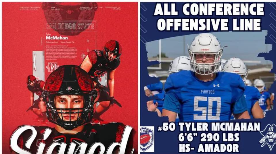 Congrats to MJC Offensive lineman Tyler McMahan (Amador High School) and his full ride to San Diego State University! Moves in May!