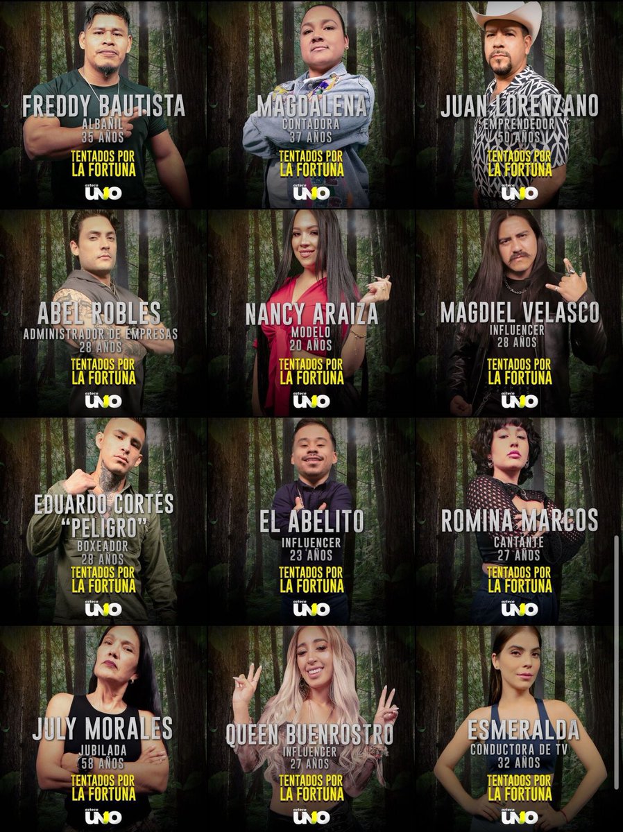 CONFIRMADOS 

Ellos serán  los 12 participantes del nuevo Reality Show de TV Azteca #TentadosPorLaFortuna