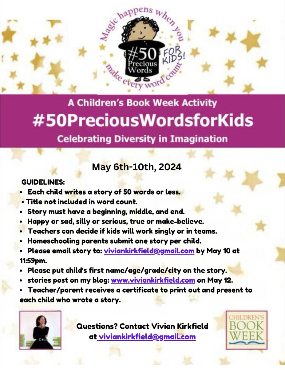 #ChildrensBookWeek is right around the corner! And you know what that means: #50PreciousWordsforKids. #teachers #librarians #Parents Let's encourage the storyteller that lives inside every child! Last year we had entries from grades K-12! #amwriting