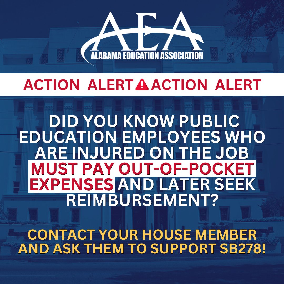 Did you know public education employees do not receive worker's compensation? SB278 by Sen. Givhan would help solve this problem by providing compensation benefits to full-time education employees. Call your House Member and ask them to support SB278: myaea.co/Representatives