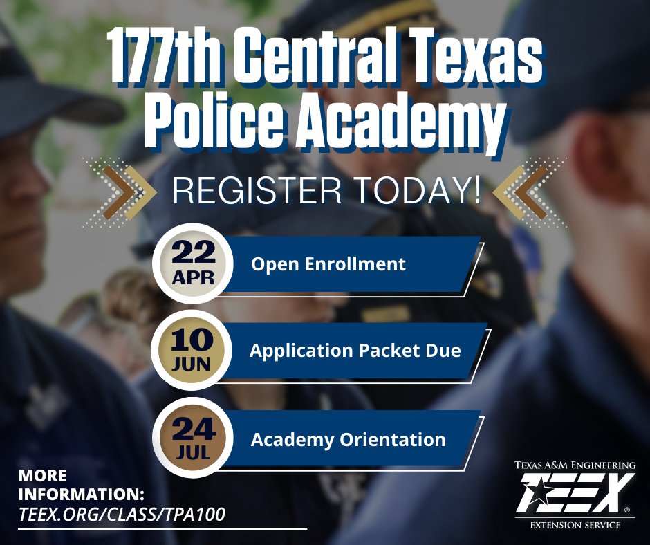 Enrollment is now open for the 177th Central Texas Police Academy! Start your path toward a rewarding career as a police officer by applying today! Learn more and register at: teex.org/class/tpa100
.
.
.
.
#policeacademy #teextraining #peaceofficer #trainingacademy