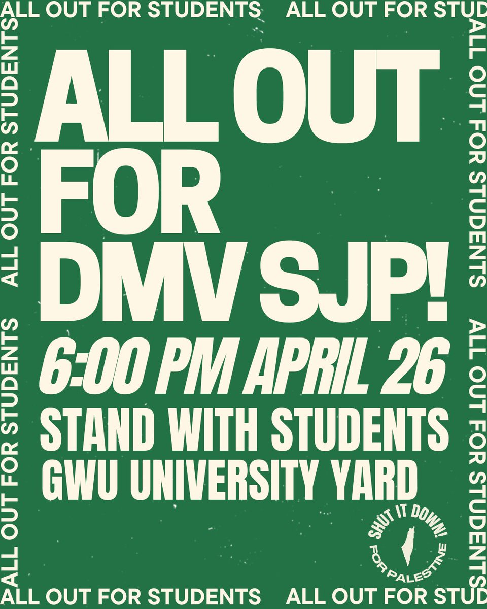 TODAY AT 6 Come out for DC students! Despite multiple threats from admin, GWPD, and MPD to clear the camp and suspend students, the students have held strong. Join them at University Yard and show your support!