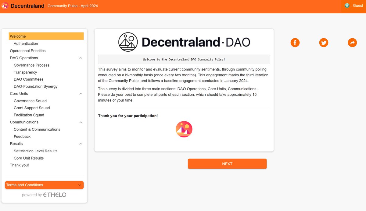 📣We're thrilled to kick off the 3° Decentraland DAO Community Pulse Survey, a key initiative to gather YOUR insights on decentralized governance and the entire @Decentraland ecosystem 🌍 ✅Survey Link: dcl-community-pulse-4-2024.ethelo.net/page/welcome ⏰ Duration: ~15 min 🗓️ Deadline to Participate:…