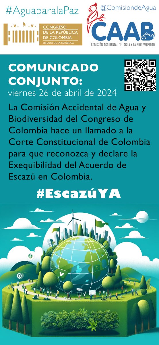 ⚖️#ESCAZUYA | COMUNICADO CONJUNTO: @ComisiondeAgua del @SenadoGovCo y @CamaraColombia @CCongresoCo llama a la @CConstitucional de Colombia para que reconozca y declare la Exequibilidad del Acuerdo de Escazú en Colombia Link del Comunicado en Línea: rb.gy/3t7p2k