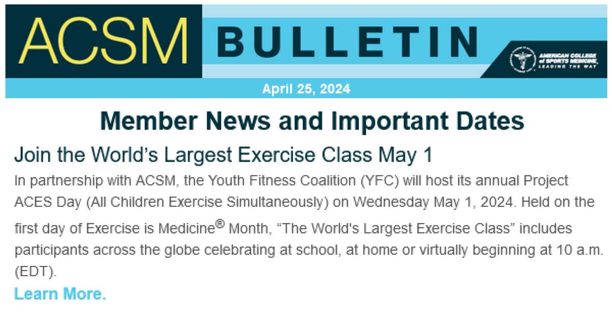 Thank you to @ACSMNews for your support and help promoting #ProjectACESDay next Wednesday May 1st Will you be joining in the spirit of fitness, fun & unity? Join the #WorldsLargestExerciseClass #ProjectACES A lifetime of fitness starts here: ProjectACES.com