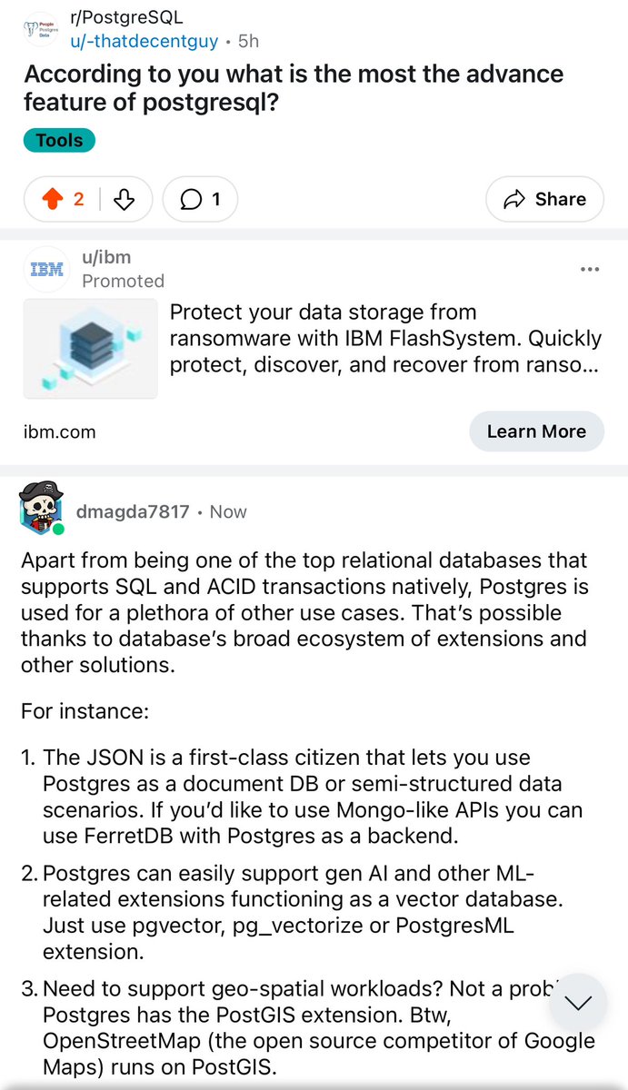 What’s the most advanced feature of Postgres?! My vote goes for core RDBMS capabilities + ecosystem of extensions. Share your thoughts here: reddit.com/r/PostgreSQL/s…
