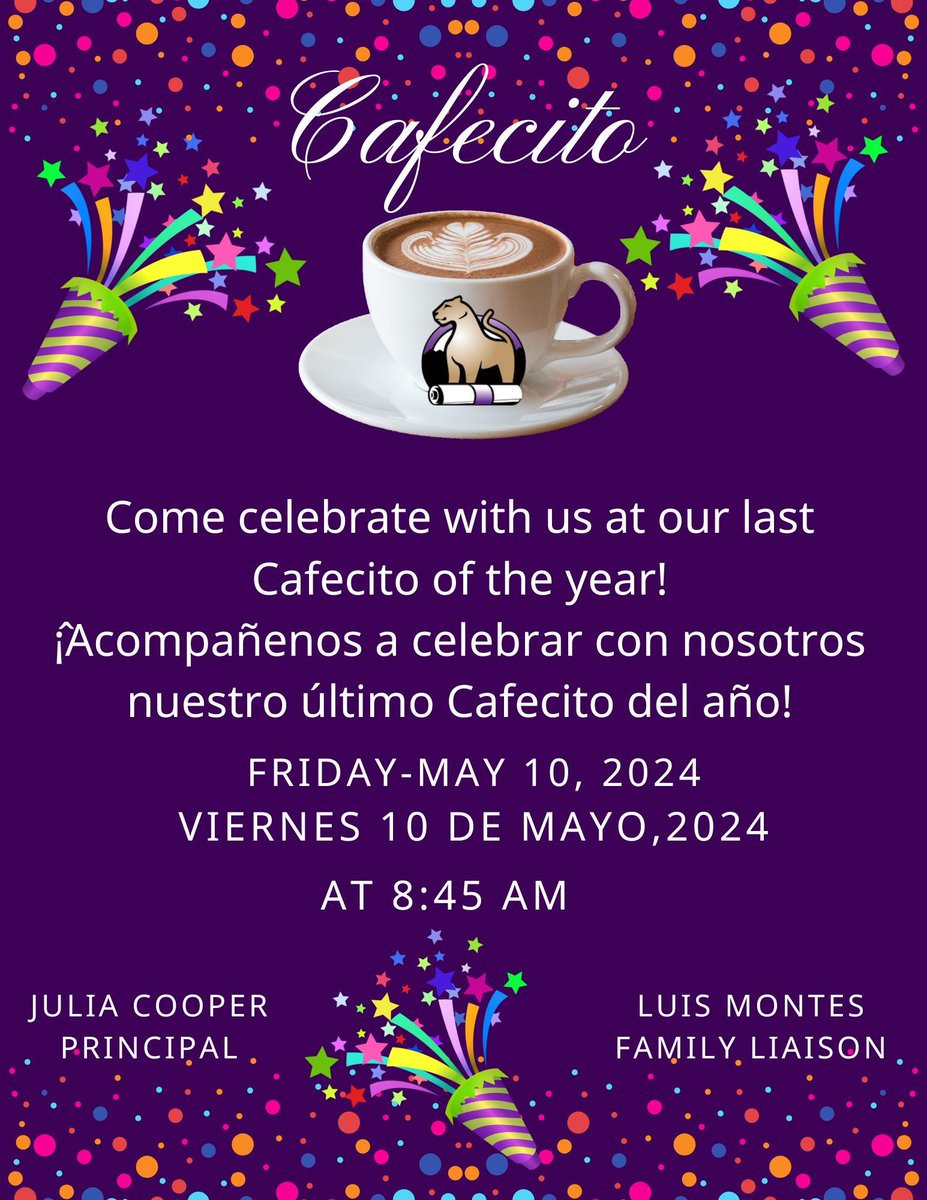 Columbine families! Join us for our last Cafecito of the year! We want to celebrate & hope you can join us! @KarlaAllenbach #SkylineCommunityStrong #StVrainStorm @SVPriorityPrgms